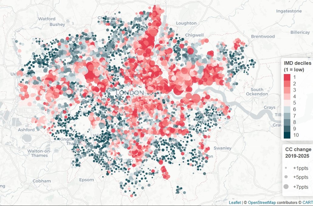 A map of London which shows the percentage change of the number of residents claiming unemployment benefits in each neighbourhoods. A colour code also shows the deprivation level of each neighbourhood
